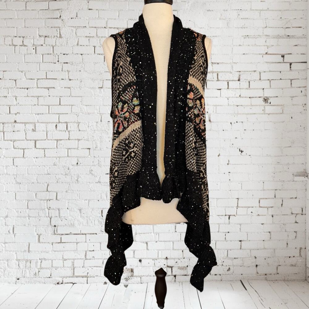 Mirror Image Black Fair Isle Long Sweater Vest‎ Duster Sz XL Womens Dramatic Fun